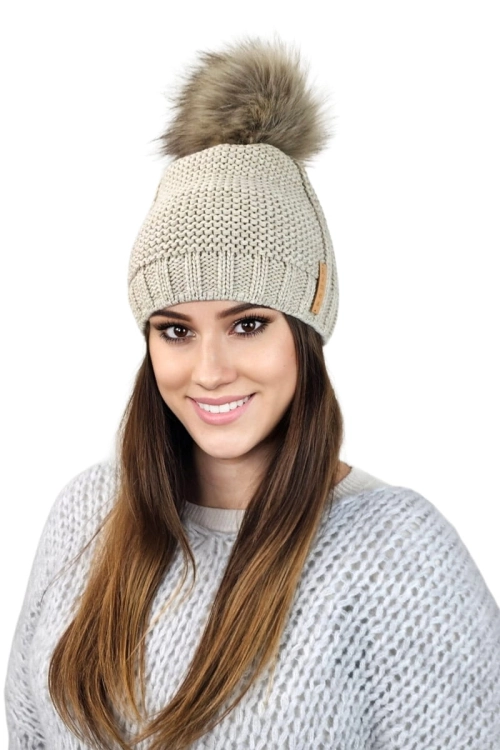 Fiona czapka damska Kamea zimowa, z pomponem, z polarową podszewką, z wełną, rozmiar uniwersalny 54–60 cm, kolor beżowy