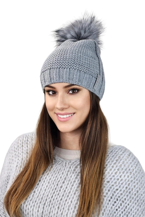 Fiona czapka damska Kamea zimowa, z pomponem, z polarową podszewką, z wełną, rozmiar uniwersalny 54–60 cm, kolor szary