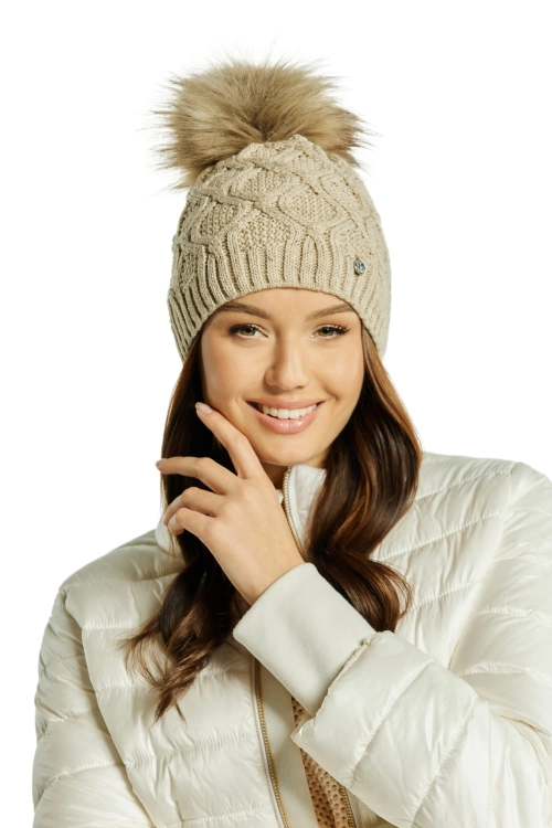 Lamis czapka damska Kamea zimowa, z pomponem, z polarową podszewką, z wełną, rozmiar uniwersalny 54–60 cm, kolor beżowy