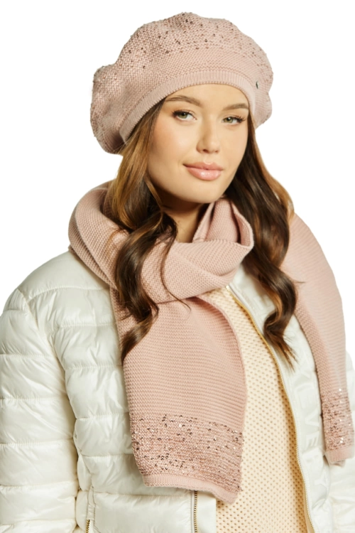Piwonia beret damski Kamea zimowy, z cekinami, motyw piwonii, z polarową podszewką, z wełną, rozmiar uniwersalny 54–60 cm, kolor różowy