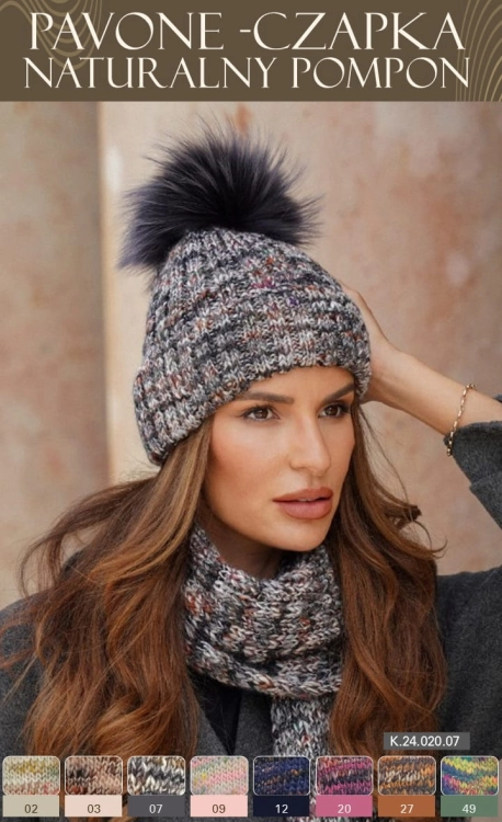 Pavone Naturalny Pompon czapka damska Kamea zimowa, z wełną, rozmiar uniwersalny 54–60 cm, kolor grafitowy