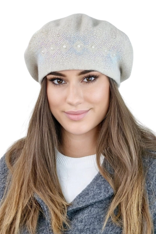 Ginger beret damski Kamea zimowy, 80% wełny, rozmiar uniwersalny 54–60 cm, kolor beżowy