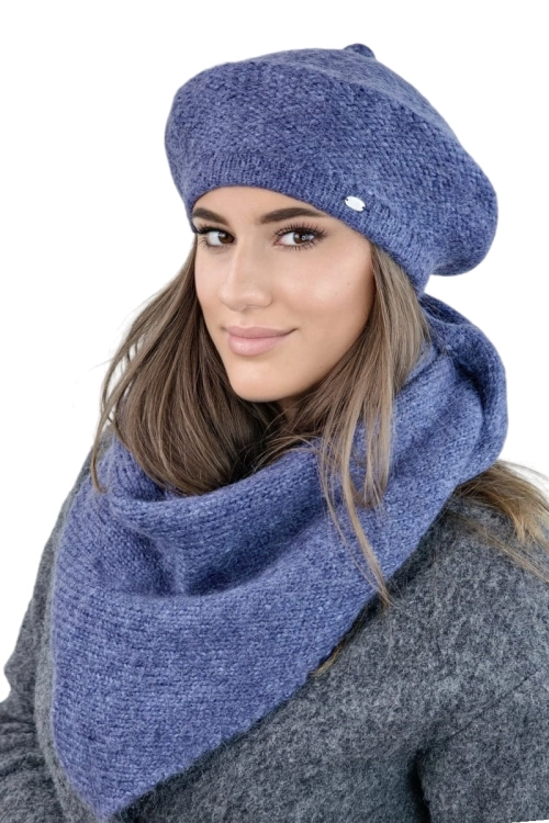 Ofelia-Komplet damski: beret i szalik Kamea zimowy, z polarową podszewką, z wełną merino, moherem i wiskozą, 155 × 56 cm, kolor jeansowy