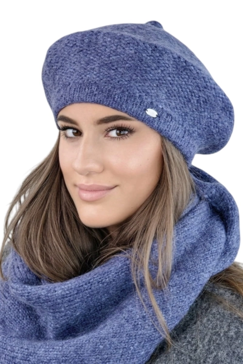 Ofelia beret damski Kamea zimowy, z polarową podszewką, z wełną merino, moherem i wiskozą, rozmiar uniwersalny 54–60 cm, kolor jeansowy