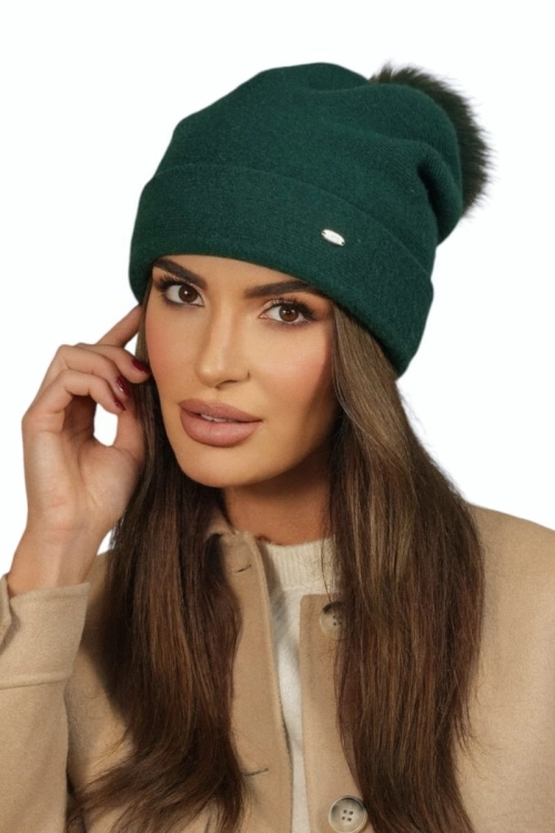 Chiru Pompon Naturalny czapka damska Kamea zimowa, 80% wełny, rozmiar uniwersalny 54–60 cm, kolor butelkowa zieleń