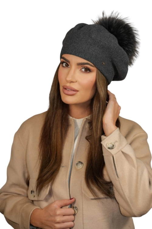 Fuji-Naturalny Pompon beret damski Kamea zimowy, 80% wełny, rozmiar uniwersalny 54–60 cm, kolor grafitowy