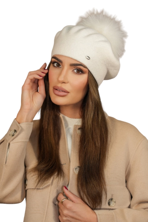 Fuji-Naturalny Pompon beret damski Kamea zimowy, 80% wełny, rozmiar uniwersalny 54–60 cm, kolor ekru