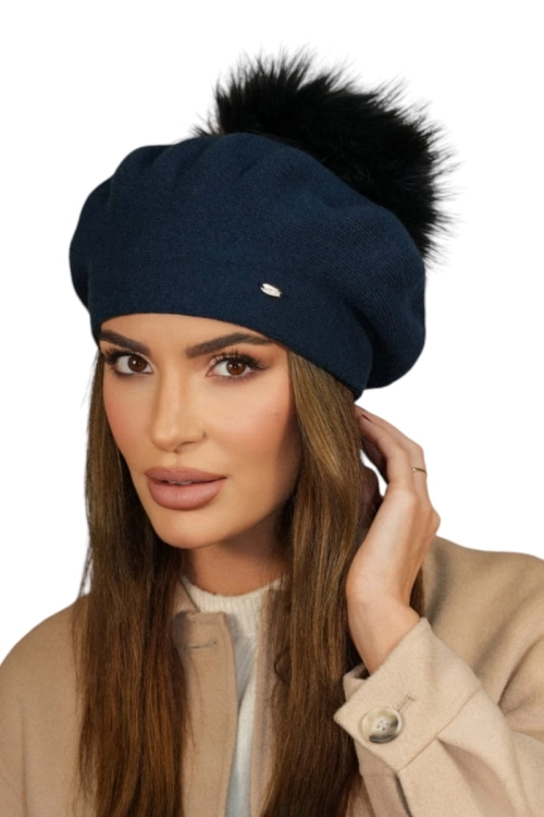 Fuji beret damski Kamea zimowy, z pomponem, 80% wełny, rozmiar uniwersalny 54–60 cm, kolor granatowy i turkusowy