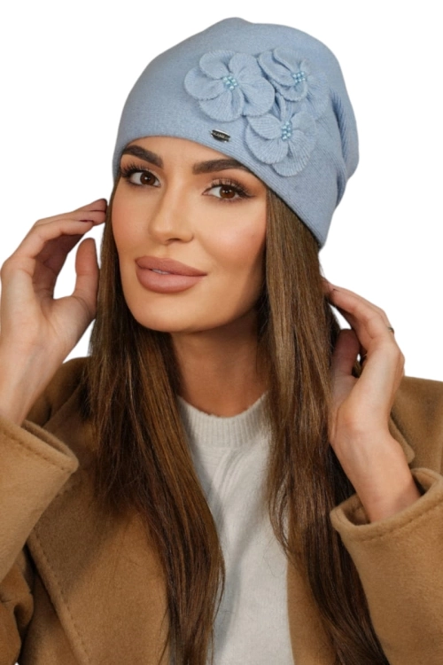 Ambrozja czapka damska Kamea zimowa, 80% wełny, rozmiar uniwersalny 54–60 cm, kolor jasny niebieski