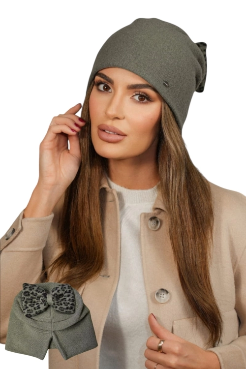 Kiku czapka damska Kamea zimowa, z kokardą w panterkę, 80% wełny, rozmiar uniwersalny 54–60 cm, kolor khaki