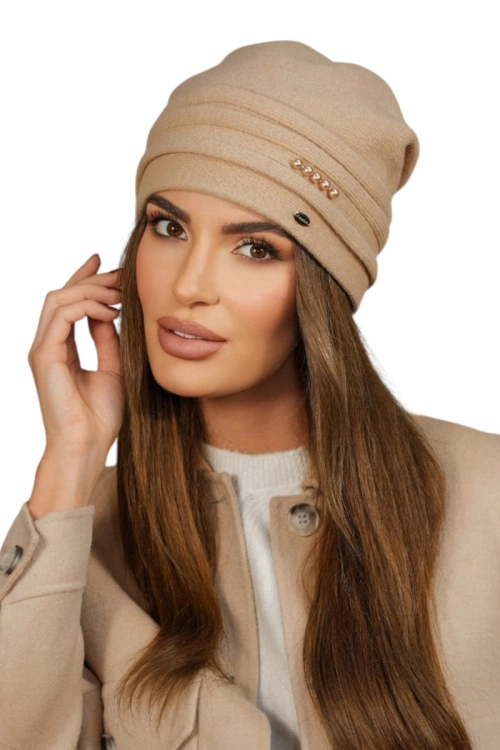 Sakura czapka damska Kamea zimowa, 80% wełny, rozmiar uniwersalny 54–60 cm, kolor camel