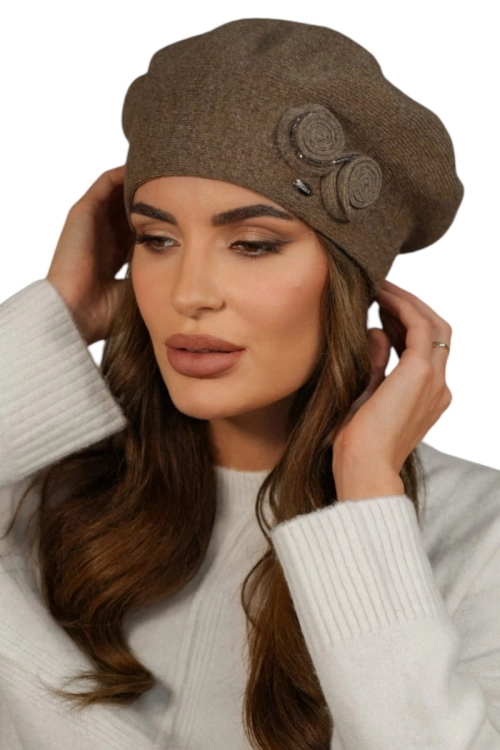 Bara beret damski Kamea zimowy, 80% wełny, rozmiar uniwersalny 54–60 cm, kolor jasny brązowy