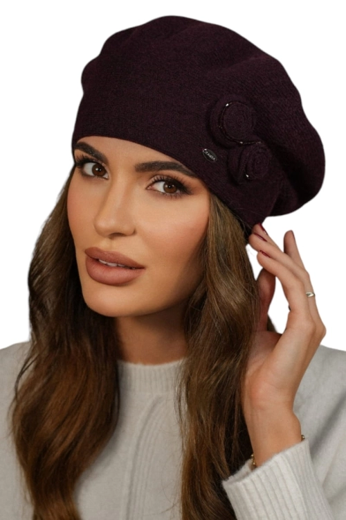 Bara beret damski Kamea zimowy, 80% wełny, rozmiar uniwersalny 54–60 cm, kolor fioletowy