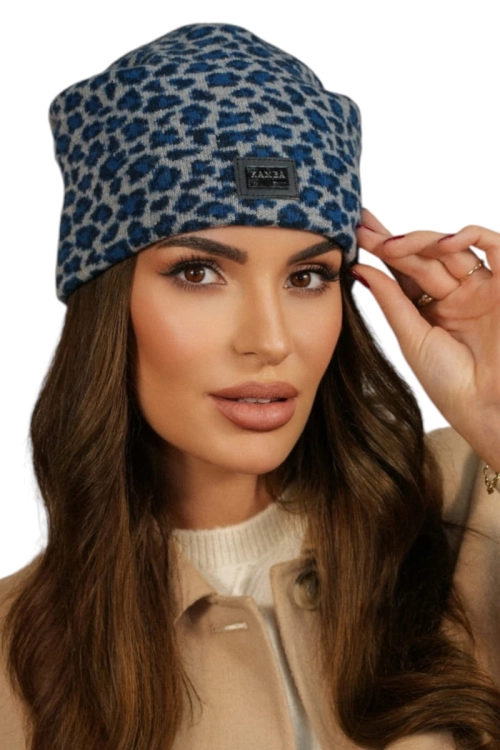 Panji czapka damska Kamea zimowa, z logo, w panterkę, 80% wełny, rozmiar uniwersalny 54–60 cm, kolor turkusowy