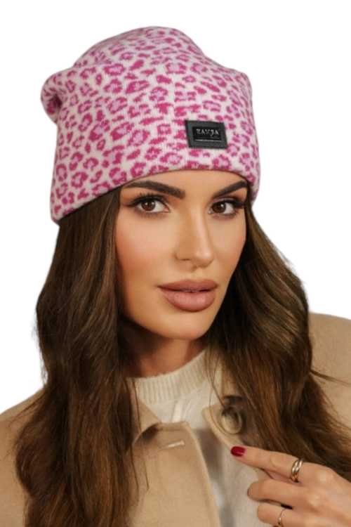 Panji czapka damska Kamea zimowa, z logo, w panterkę, 80% wełny, rozmiar uniwersalny 54–60 cm, kolor ekru