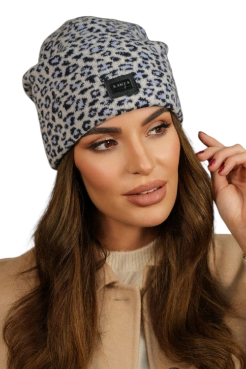 Panji czapka damska Kamea zimowa, z logo, w panterkę, 80% wełny, rozmiar uniwersalny 54–60 cm, kolor jasny szary