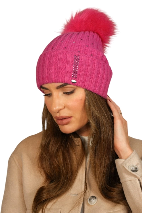 Nila czapka damska Kamea zimowa, z pomponem, prążkowany splot, z kryształkami, 80% wełny, rozmiar uniwersalny 54–60 cm, kolor malinowy