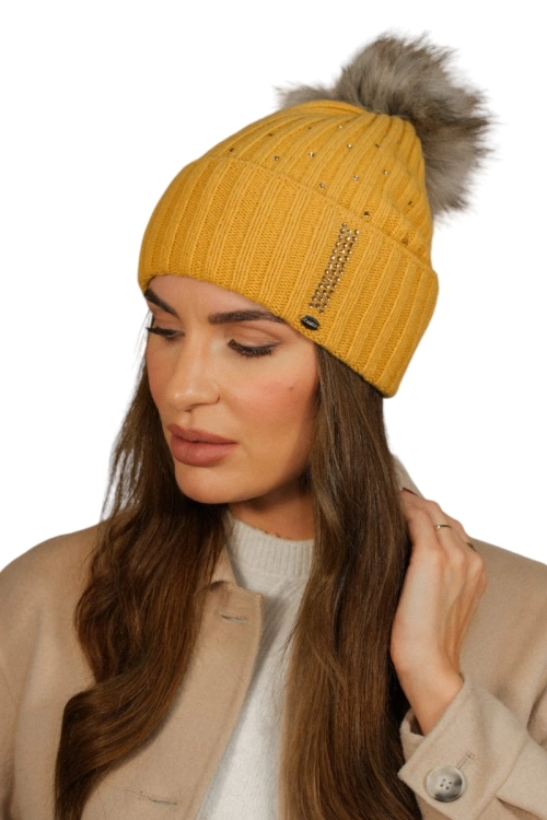 Nila czapka damska Kamea zimowa, z pomponem, prążkowany splot, z kryształkami, 80% wełny, rozmiar uniwersalny 54–60 cm, kolor miodowy