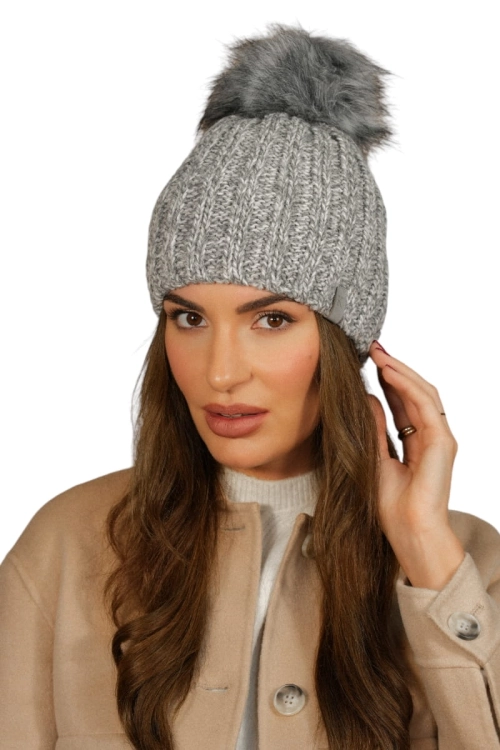Wezyr czapka damska Kamea zimowa, z pomponem, z polarową podszewką, 50% wełny, rozmiar uniwersalny 54–60 cm, kolor szary