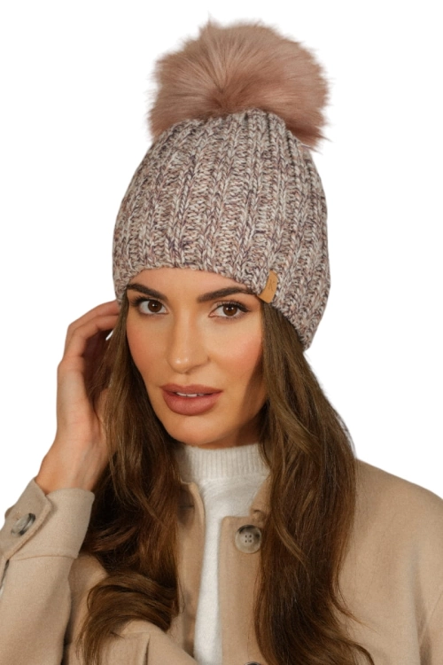 Wezyr czapka damska Kamea zimowa, z pomponem, z polarową podszewką, 50% wełny, rozmiar uniwersalny 54–60 cm, kolor różowy