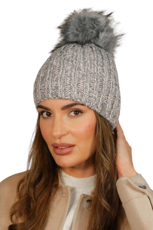Wezyr czapka damska Kamea zimowa, z pomponem, z polarową podszewką, 50% wełny, rozmiar uniwersalny 54–60 cm, kolor szary i różowy