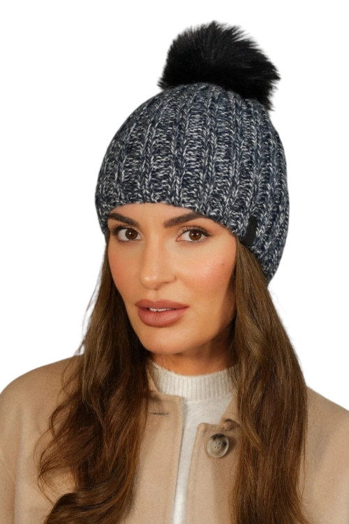 Wezyr czapka damska Kamea zimowa, z pomponem, z polarową podszewką, 50% wełny, rozmiar uniwersalny 54–60 cm, kolor granatowy