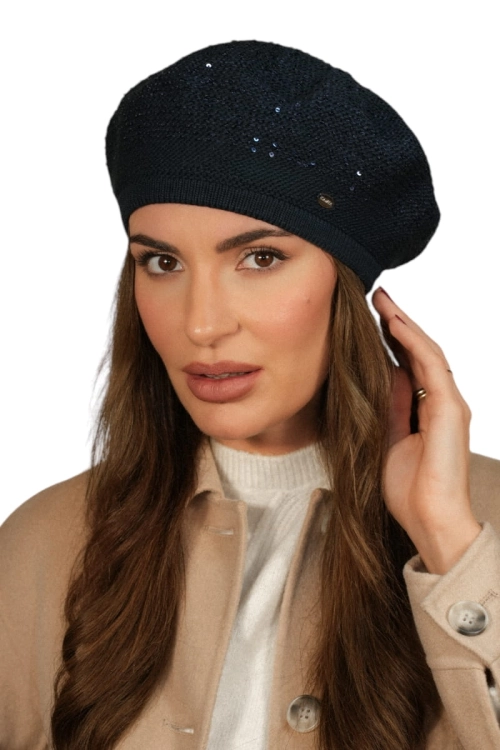 Piwonia beret damski Kamea zimowy, z cekinami, motyw piwonii, z polarową podszewką, z wełną, rozmiar uniwersalny 54–60 cm, kolor granatowy