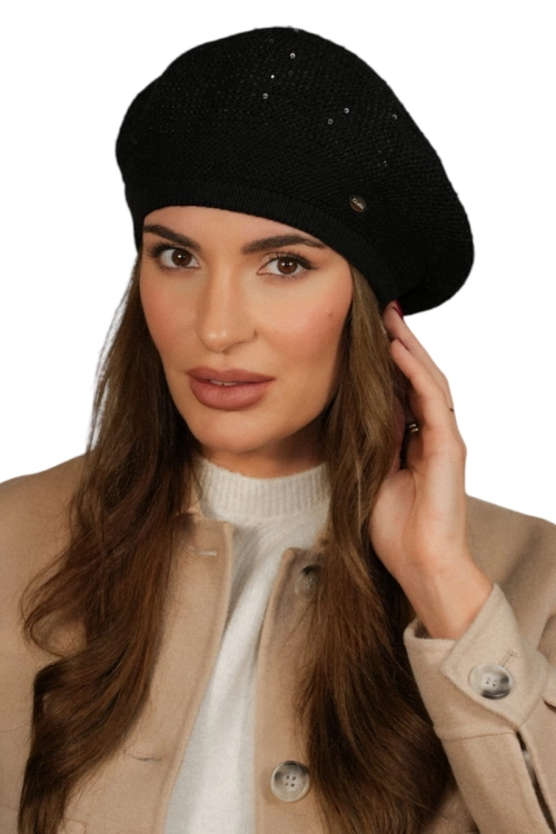 Piwonia beret damski Kamea zimowy, z cekinami, motyw piwonii, z polarową podszewką, z wełną, rozmiar uniwersalny 54–60 cm, kolor czarny