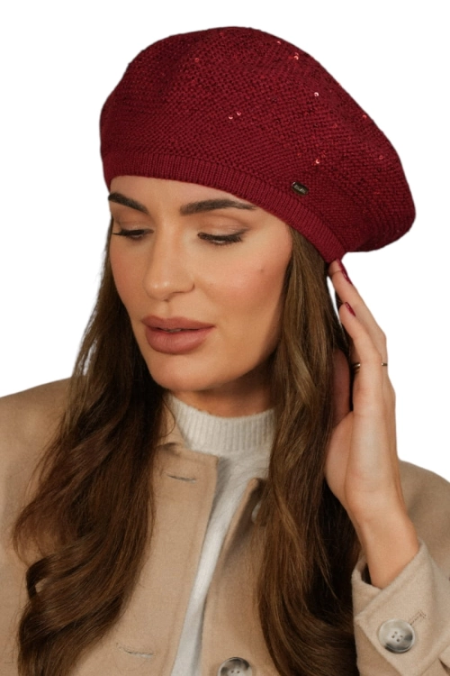 Piwonia beret damski Kamea zimowy, z cekinami, motyw piwonii, z polarową podszewką, z wełną, rozmiar uniwersalny 54–60 cm, kolor winny