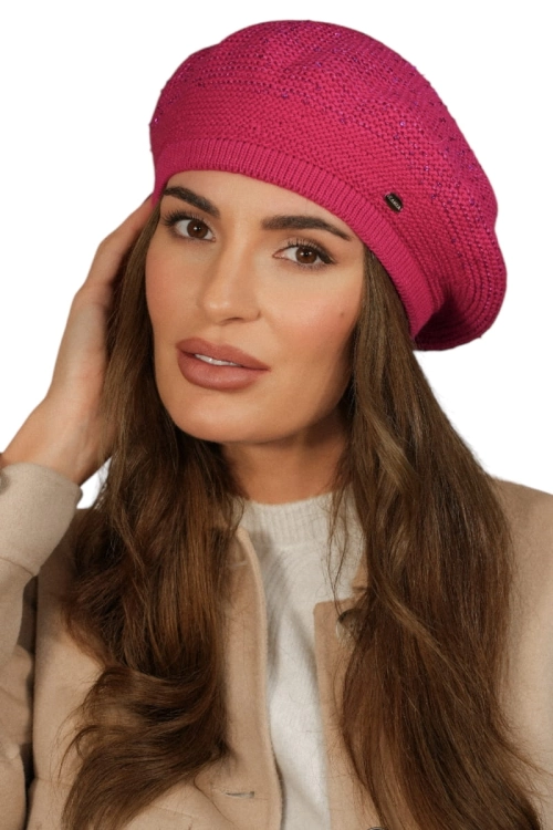 Piwonia beret damski Kamea zimowy, z cekinami, motyw piwonii, z polarową podszewką, z wełną, rozmiar uniwersalny 54–60 cm, kolor malinowy