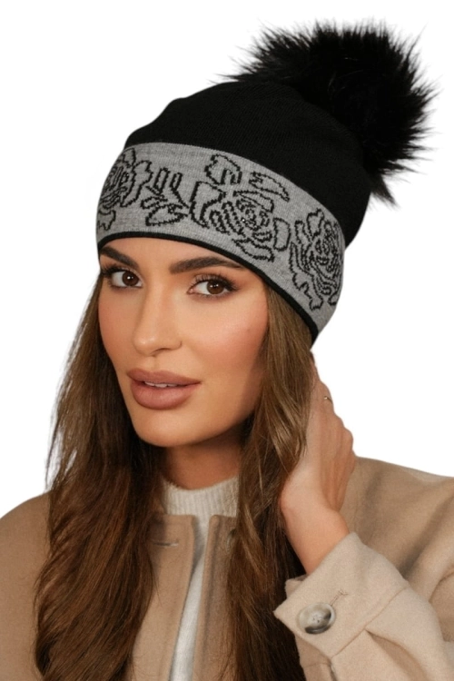 Liliana czapka damska Kamea zimowa, z pomponem, z wełną, rozmiar uniwersalny 54–60 cm, kolor czarny