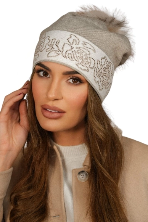 Liliana czapka damska Kamea zimowa, z pomponem, z wełną, rozmiar uniwersalny 54–60 cm, kolor beżowy