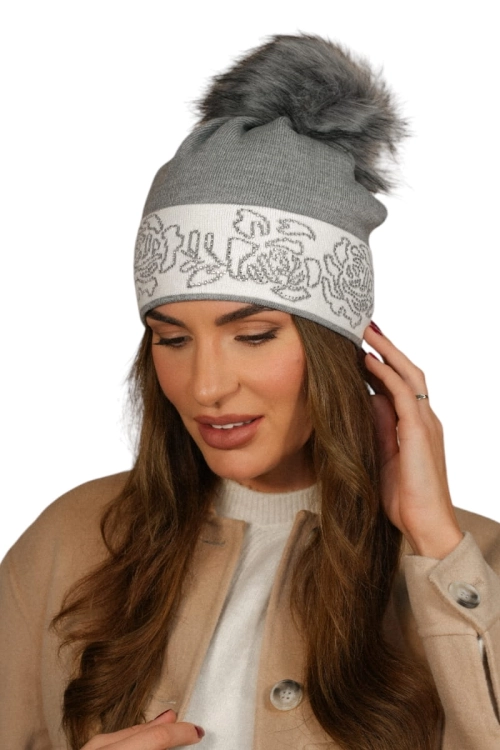 Liliana czapka damska Kamea zimowa, z pomponem, z wełną, rozmiar uniwersalny 54–60 cm, kolor szary