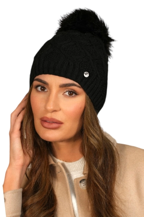 Lamis czapka damska Kamea zimowa, z pomponem, z polarową podszewką, z wełną, rozmiar uniwersalny 54–60 cm, kolor czarny