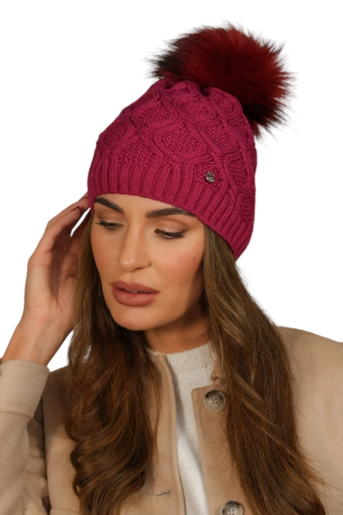 Lamis czapka damska Kamea zimowa, z pomponem, z polarową podszewką, z wełną, rozmiar uniwersalny 54–60 cm, kolor fuksja