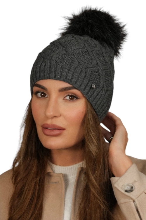 Lamis czapka damska Kamea zimowa, z pomponem, z polarową podszewką, z wełną, rozmiar uniwersalny 54–60 cm, kolor grafitowy