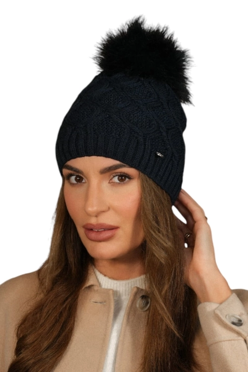 Lamis czapka damska Kamea zimowa, z pomponem, z polarową podszewką, z wełną, rozmiar uniwersalny 54–60 cm, kolor granatowy