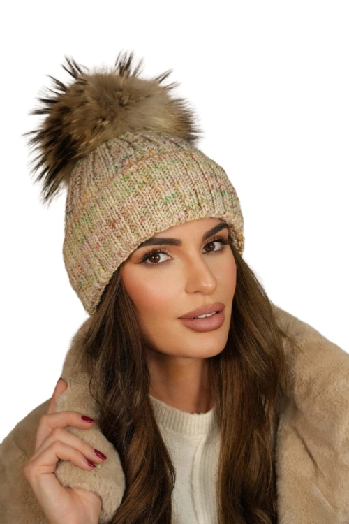 Pavone Naturalny Pompon czapka damska Kamea zimowa, z wełną, rozmiar uniwersalny 54–60 cm, kolor ekru