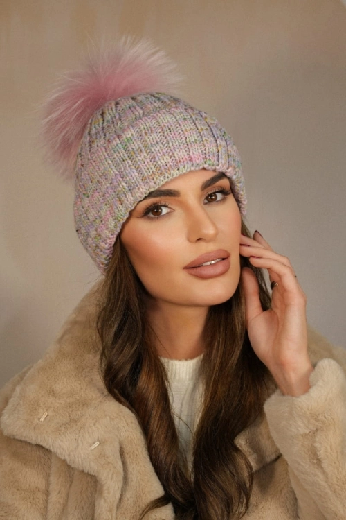 Pavone Naturalny Pompon czapka damska Kamea zimowa, z wełną, rozmiar uniwersalny 54–60 cm, kolor różowy