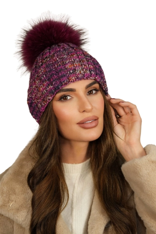Pavone Naturalny Pompon czapka damska Kamea zimowa, z wełną, rozmiar uniwersalny 54–60 cm, kolor fuksja