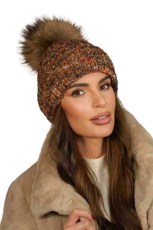 Pavone Naturalny Pompon czapka damska Kamea zimowa, z wełną, rozmiar uniwersalny 54–60 cm, kolor rudy