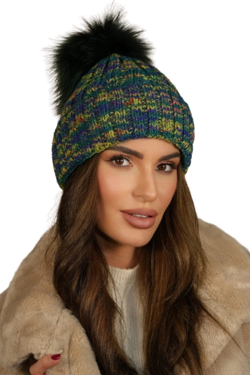 Pavone Naturalny Pompon czapka damska Kamea zimowa, z wełną, rozmiar uniwersalny 54–60 cm, kolor zielony