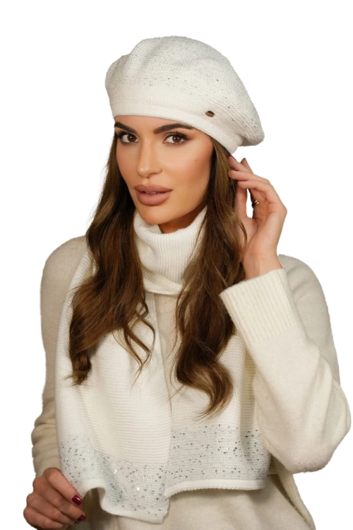 Piwonia Komplet damski: beret i szalik Kamea zimowy, z cekinami, motyw piwonii, z polarową podszewką, z wełną, 142 × 30 cm, kolor biały