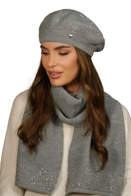 Piwonia Komplet damski: beret i szalik Kamea zimowy, z cekinami, motyw piwonii, z polarową podszewką, z wełną, 142 × 30 cm, kolor szary