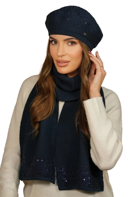 Piwonia Komplet damski: beret i szalik Kamea zimowy, z cekinami, motyw piwonii, z polarową podszewką, z wełną, 142 × 30 cm, kolor granatowy