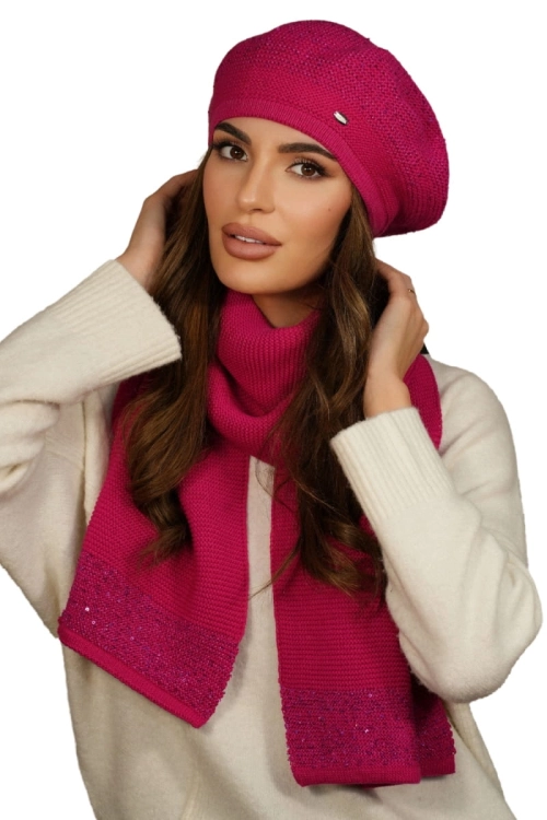 Piwonia Komplet damski: beret i szalik Kamea zimowy, z cekinami, motyw piwonii, z polarową podszewką, z wełną, 142 × 30 cm, kolor malinowy