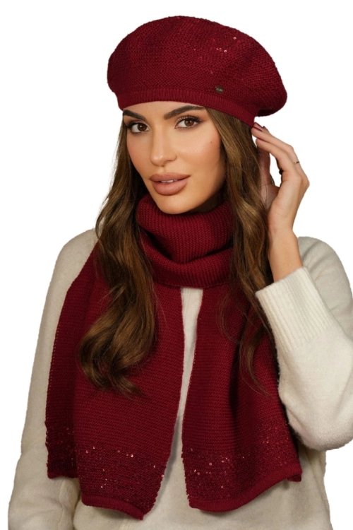 Piwonia Komplet damski: beret i szalik Kamea zimowy, z cekinami, motyw piwonii, z polarową podszewką, z wełną, 142 × 30 cm, kolor winny