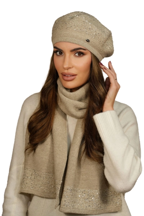 Piwonia Komplet damski: beret i szalik Kamea zimowy, z cekinami, motyw piwonii, z polarową podszewką, z wełną, 142 × 30 cm, kolor beżowy
