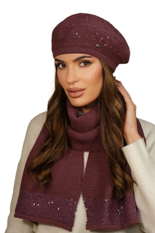 Piwonia Komplet damski: beret i szalik Kamea zimowy, z cekinami, motyw piwonii, z polarową podszewką, z wełną, 142 × 30 cm, kolor burgundowy