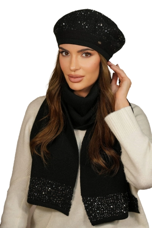 Piwonia Komplet damski: beret i szalik Kamea zimowy, z cekinami, motyw piwonii, z polarową podszewką, z wełną, 142 × 30 cm, kolor czarny i srebrny